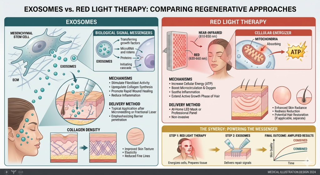 Exosomes vs red light therapy for skin regeneration comparison